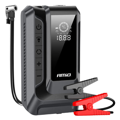 AMIO 4-i-1 Jumpstarter / LED-lampe / Luftkompressor / Powerbank – 12V, 12Ah, 1600A