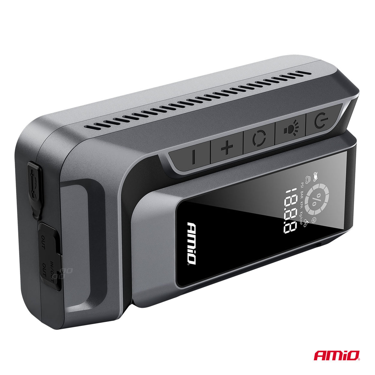 AMIO 4-i-1 Jumpstarter / LED-lampe / Luftkompressor / Powerbank – 12V, 12Ah, 1600A