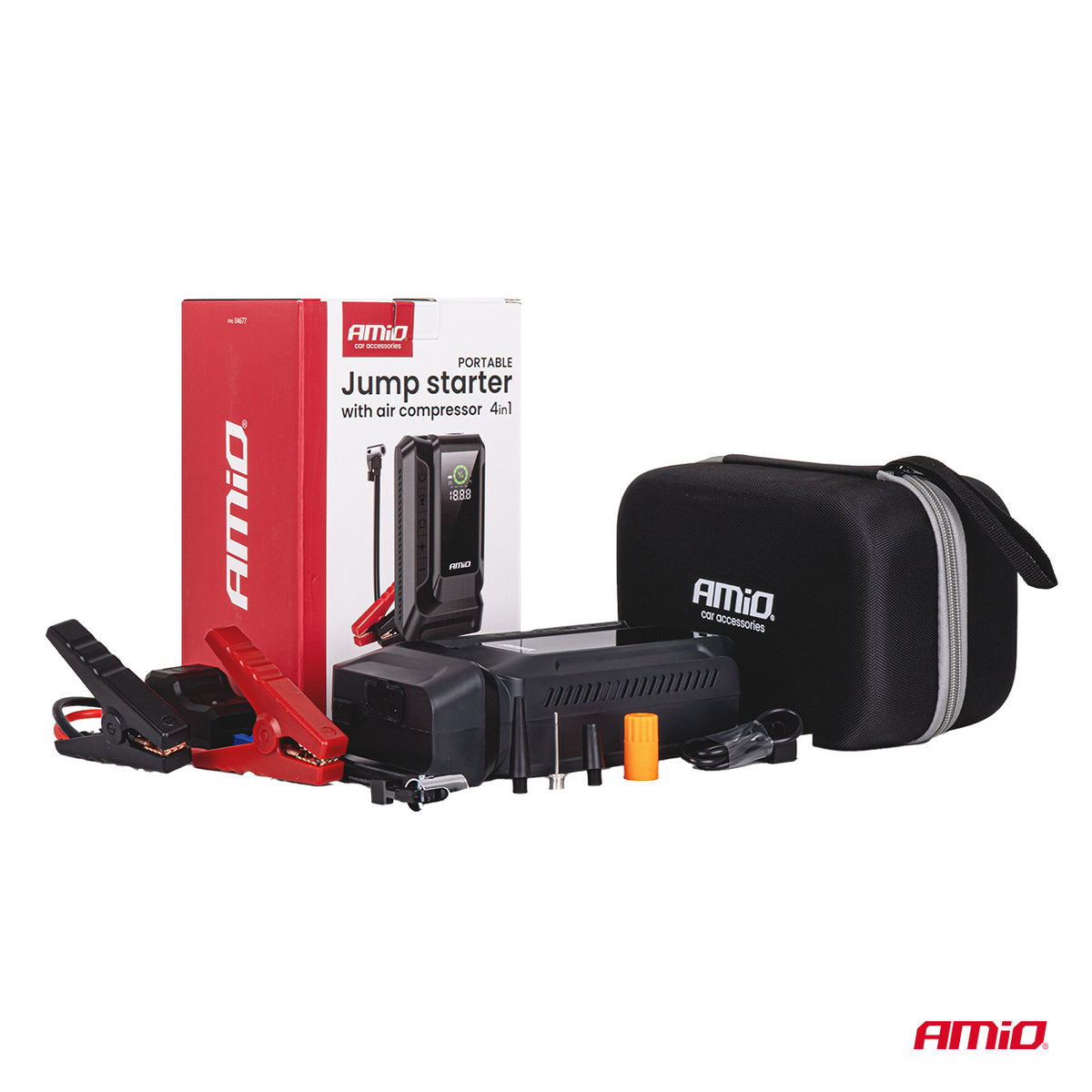 AMIO 4-i-1 Jumpstarter / LED-lampe / Luftkompressor / Powerbank – 12V, 12Ah, 1600A